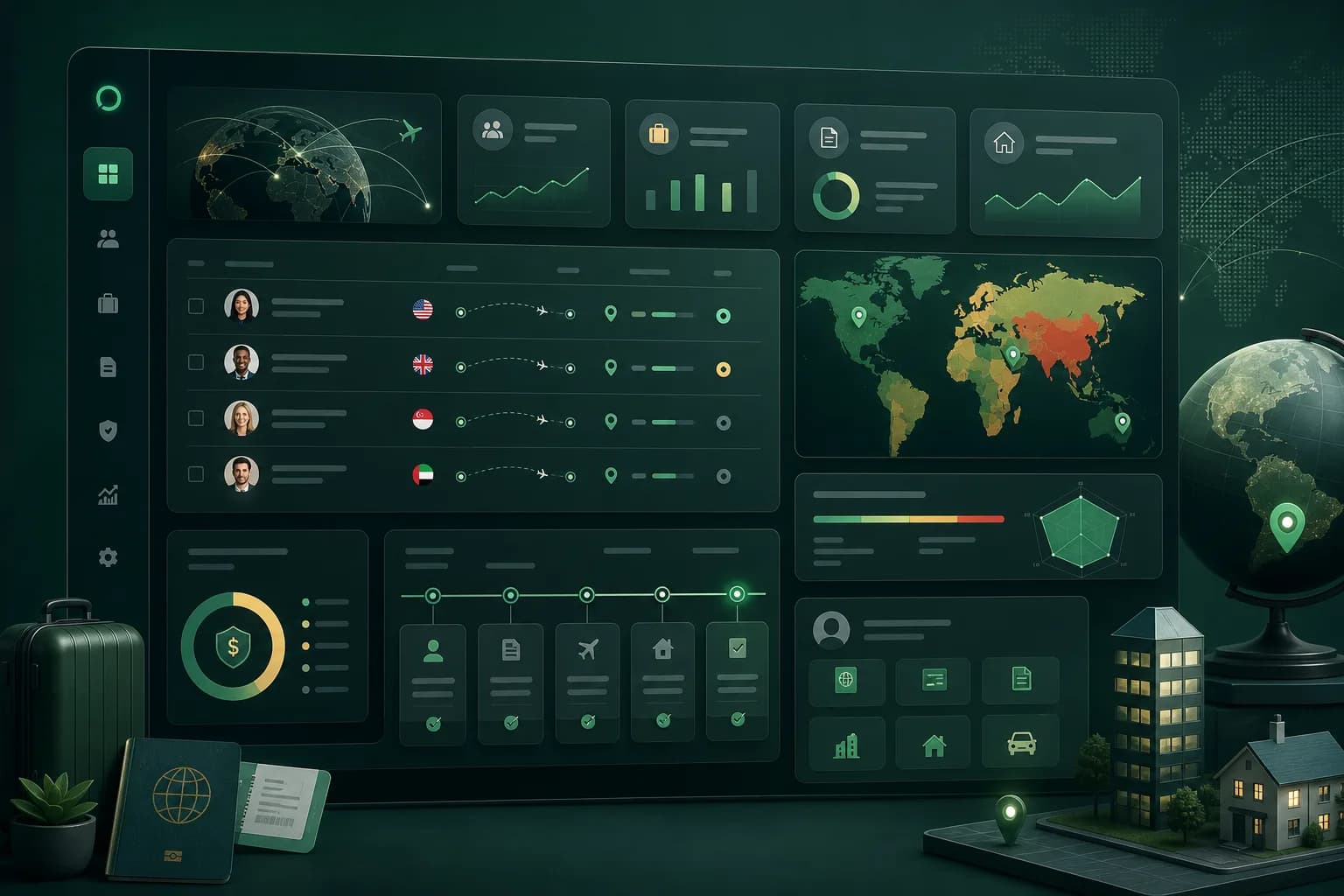 Employer global-mobility dashboard concept.