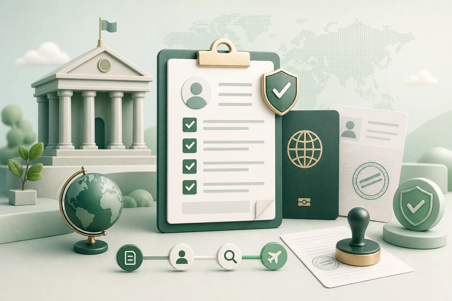 Immigration documents, official forms, and a visa timeline.